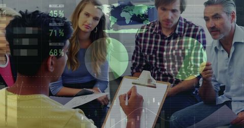 Diverse Team Analyzing Financial Graphs in Collaborative Business Meeting