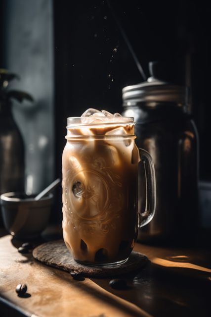 Glass mug of iced cafe latte on wooden counter in sun, created using generative ai technology. Coffee, summer, cafe, drinks and refreshments concept digitally generated image.