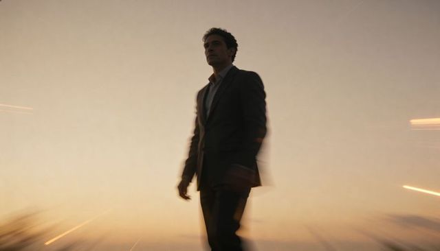 Businessman walking at sunset pausing and gazing toward horizon in tailored suit
