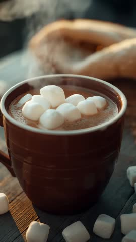 Tilting up revealing steaming cocoa mug topped with marshmallows and pastry in cozy cafe