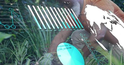 Black gardener inspecting grasses with augmented data overlays for landscape research