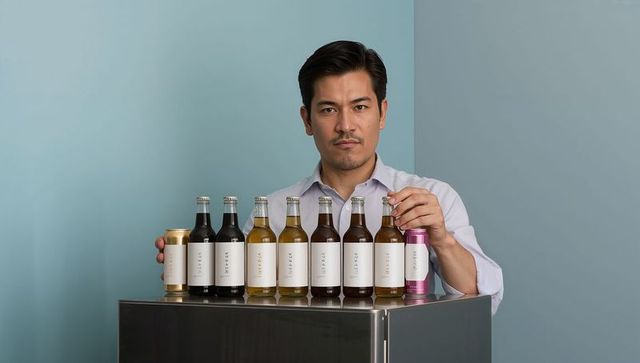 Asian man presenting craft beverage lineup on stainless counter with pastel background