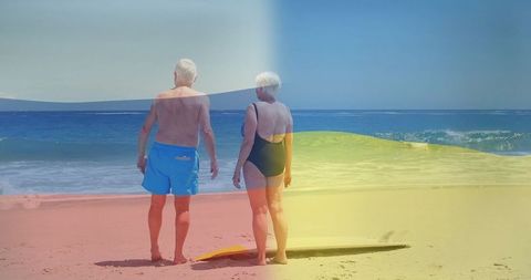 Senior Couple Enjoying Tranquil Beach Sunset with Color Overlay