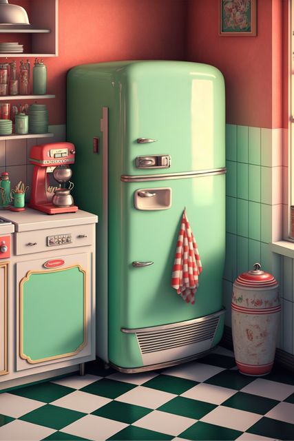 Charming retro kitchen featuring a vintage mint green refrigerator, red coffee maker, and checkered floor. Ideal for use in home decor websites, retro-themed advertising, or nostalgic magazine features.