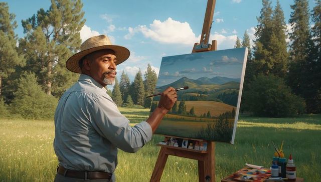 Senior black artist painting sunlit meadow landscape on easel outdoors wearing straw hat