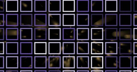 Displaying violet grid of black framed squares with golden streaks, abstract tile pattern
