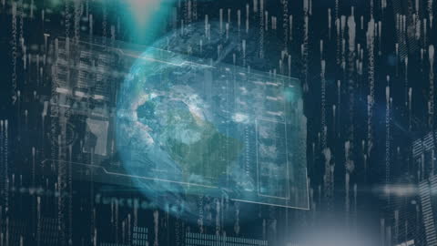 Digital Data Streams Encircling Earth with Futuristic Overlay