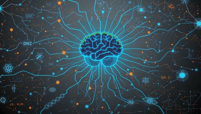 Neon neural network brain with radiating circuit lines and quantum nodes