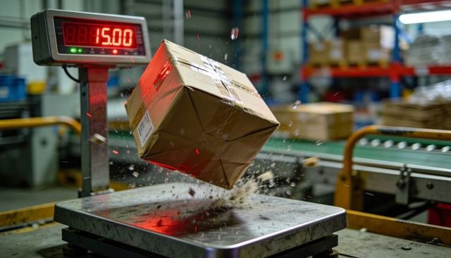 Parcel impact test landing on industrial scale showing 15.00 during warehouse sorting