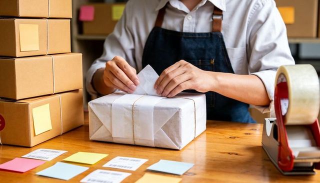 Small Business Owner Wrapping Parcel for Shipping on Wooden Table with Labels