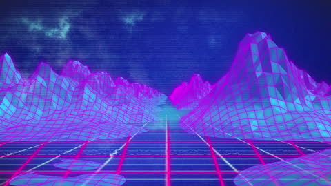 3D Metaverse Landscape with Neon Grid and Mountains