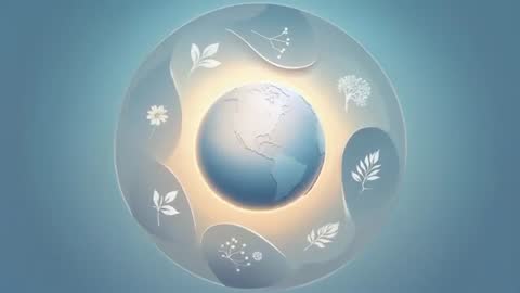 Spinning Earth Globe with Botanical Icons and Teal Gradient