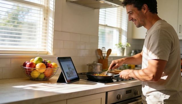 Man stirring skillet while following tablet recipe in sunlit modern home kitchen