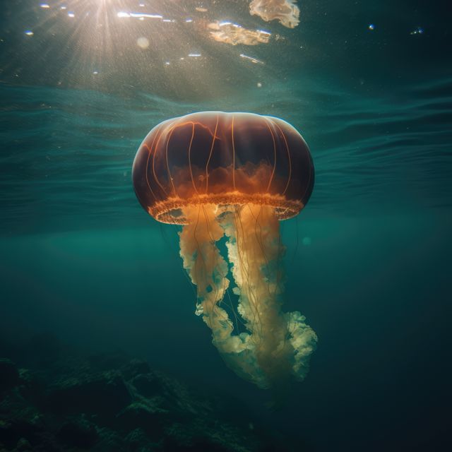 Close up of orange glowing jellyfish underwater, created using generative ai technology - Download Free Stock Photos Pikwizard.com