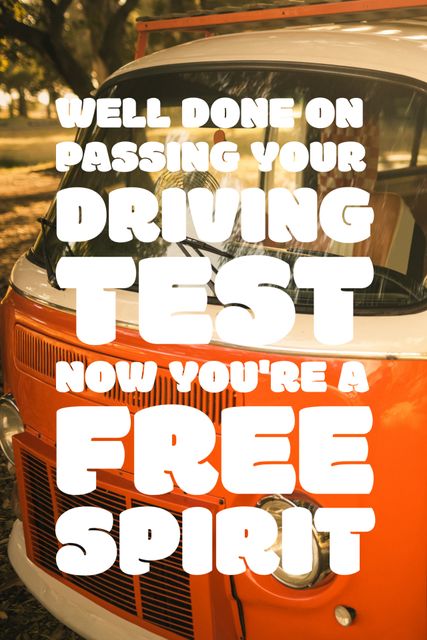 This vibrant image of a vintage orange car paired with a congratulatory message celebrates the achievement of passing a driving test. Ideal for congratulating loved ones or clients on social media, greeting cards, websites, newsletters, and more, it emphasizes freedom, independence, and the feeling of reaching a major milestone.