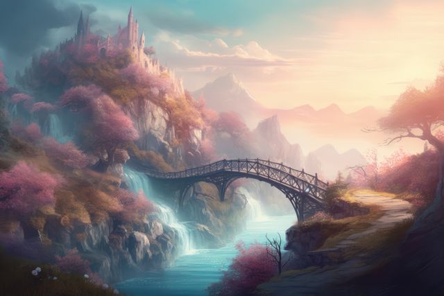 Landscape with castle on mountain and bridge over river, created using generative ai technology. Scenic, nature and fairytale concept digitally generated image.