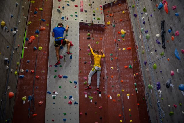 Two athletes are climbing an indoor rock wall in a health club. The image captures the intensity and focus required for the sport. This can be used for promoting fitness centers, adventure sports, teamwork activities, and physical training programs.