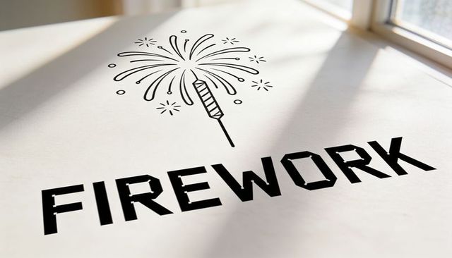 Firework typography poster with rocket illustration on sunlit tabletop for celebration