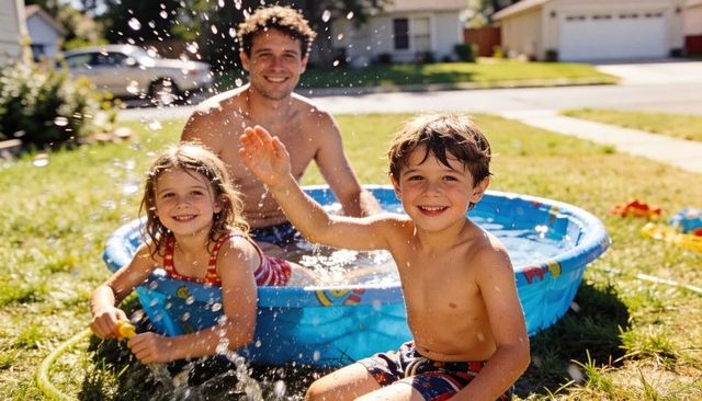 Kids and dad splashing in backyard kiddie pool with garden hose on sunny summer afternoon
