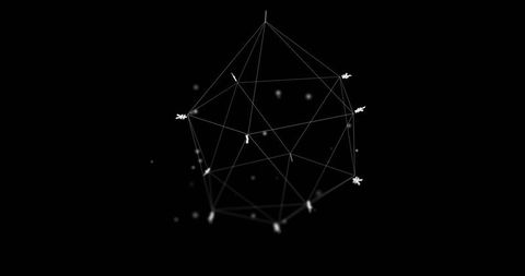 Rotating wireframe polyhedron with glowing nodes and connecting lines in black void