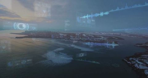 Aerial Nordic archipelago at dawn with futuristic blue HUD overlay and digital data visuals