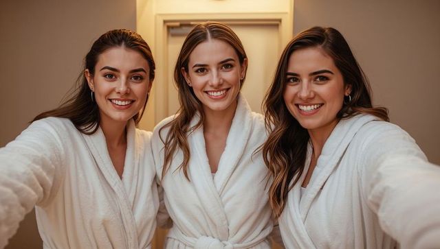 Smiling three friends wearing white bathrobes taking selfie in hotel hallway