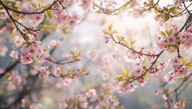 Sunlit Cherry Blossom Branches Blooming with Soft Pink Petals and Dreamy Bokeh