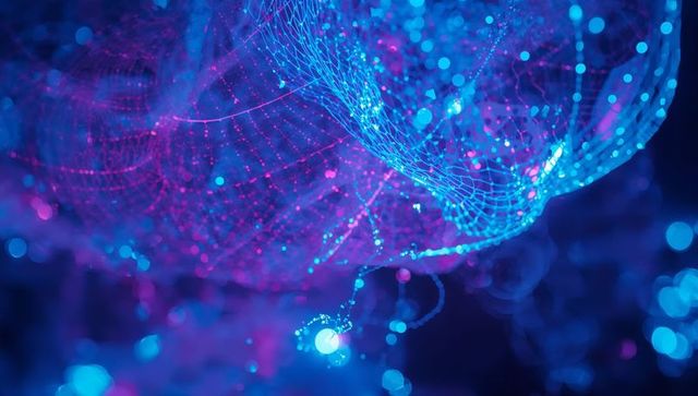 Futuristic Mesh with Neon Blue and Magenta Lines in Dark Space