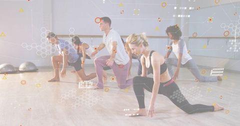 Active group performing lunge stretch in bright fitness studio with tech graphic overlay