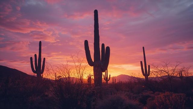 Vibrant desert sunset with silhouetted saguaro cacti