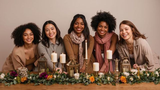 Smiling diverse women leaning at wooden table with candles, lanterns and floral garland