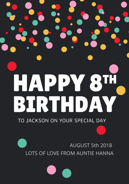 Perfect for sending birthday wishes to a child. Vibrant confetti and bold text make it ideal for party invitations, social media posts, or personalized birthday messages.