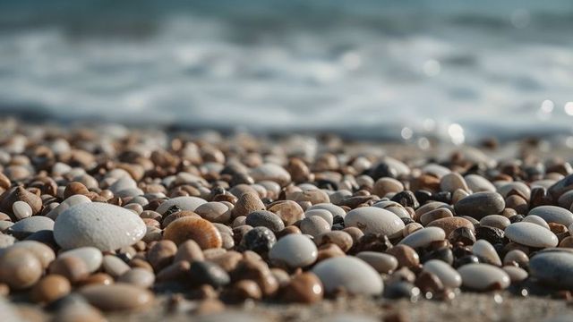 Glistening wet pebbles on tranquil beach shoreline
