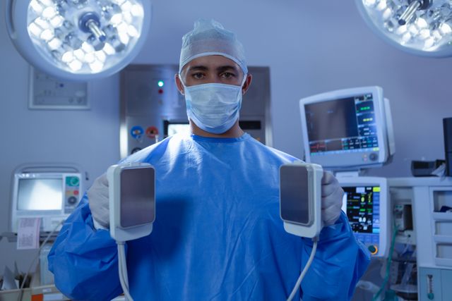 Male Surgeon Holding Defibrillator in Operating Room - Download Free Stock Photos Pikwizard.com