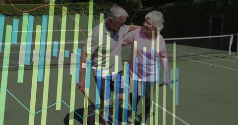Senior couple playing tennis overlayed with bar chart