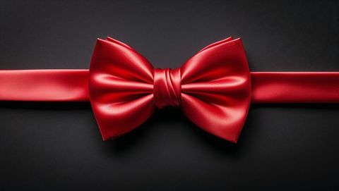 Red satin ribbon bow on black background with silky texture