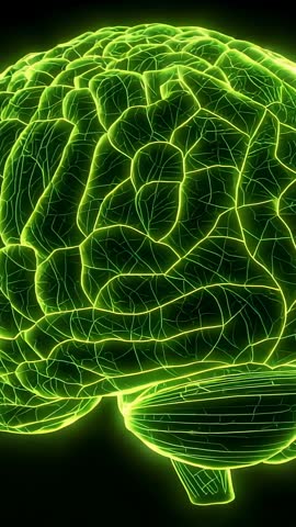 Rotating Neon Green Brain with Pulsing Neural Pathways Vertical Science Animation