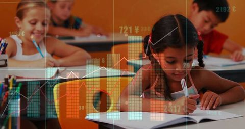 Young Girl Writing in Classroom Showing Data Charts Overlay for Education Analytics