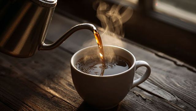 Pouring Hot Coffee from Stainless Gooseneck Kettle into White Ceramic Mug on Rustic Table