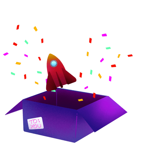 Surprise rocket toy exploring gift box with pop-up celebration