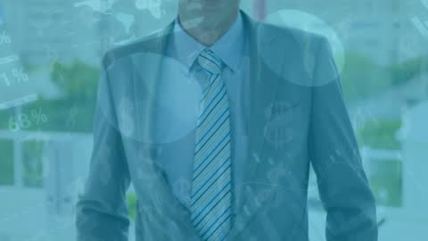 Confident Businessman Amidst Global Data and Infographics