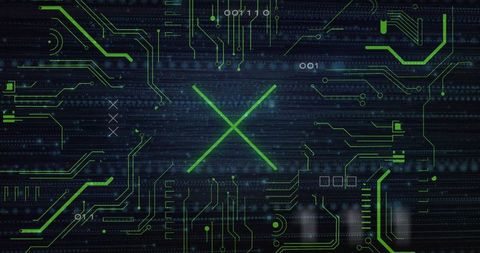 Glowing Green X on Futuristic Digital Circuit Interface