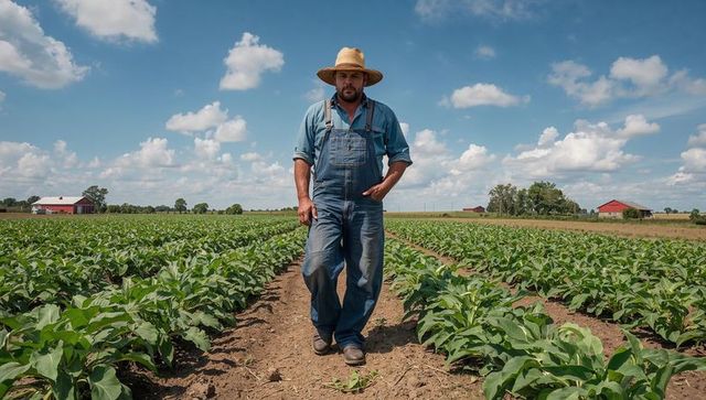 Farmer walking through young crop rows wearing straw hat and denim overalls