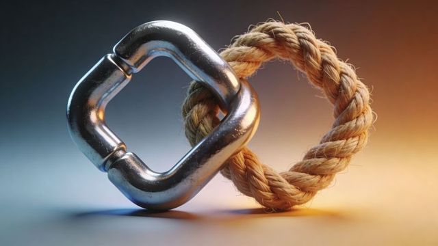 Polished square shackle linking braided rope with blue-orange rim light gradient
