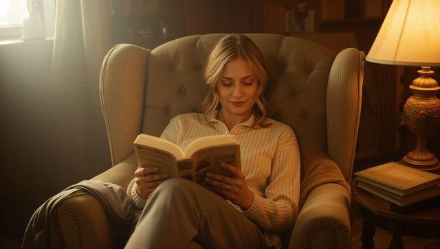 Young woman reading paperback in cozy wingback armchair with warm lamp light and daylight