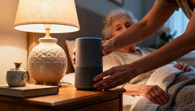 Caregiver placing smart speaker on nightstand beside elderly woman in bed