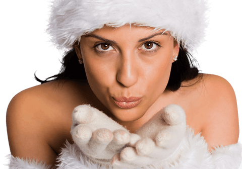 Winter woman blowing kiss in furry hat and gloves transparent