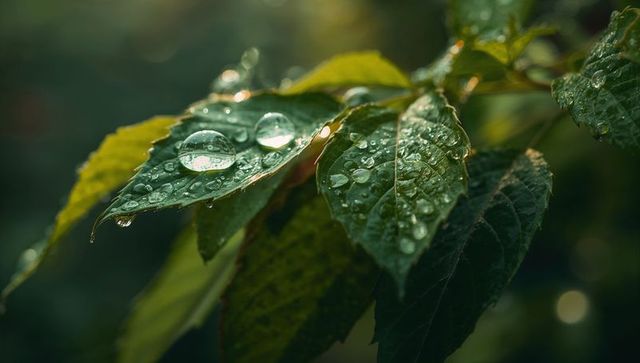 Serrated green leaves holding glistening dew drops in soft bokeh macro morning close-up