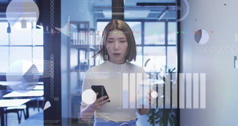 Businesswoman Analyzing Data with Smartphone and Digital Interface