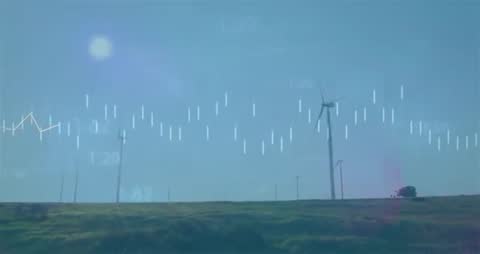 Wind Turbines with Financial Data Overlay Illustrating Green Energy Investment